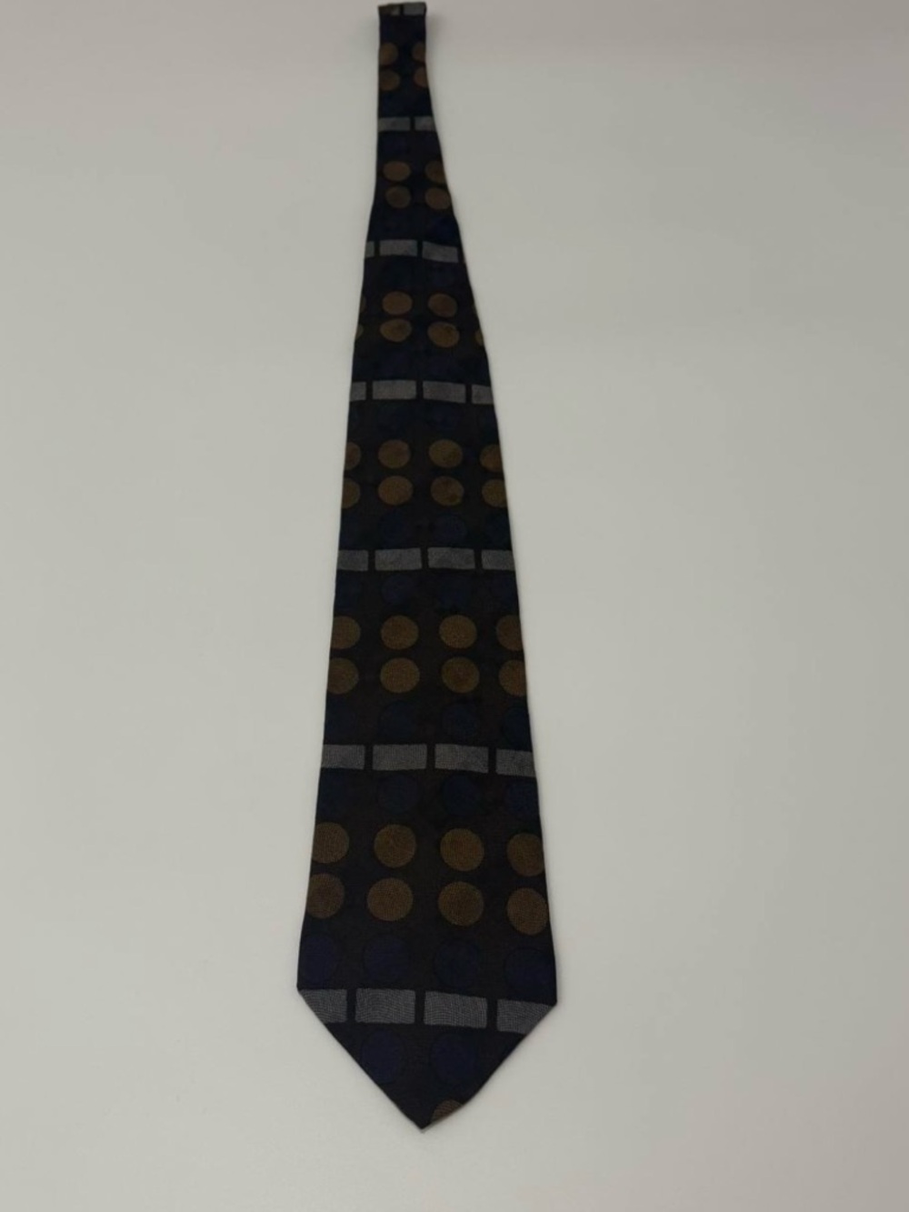 Kenneth Cole Reaction Navy Tie with Brown Dot & Gray Stripe Pattern